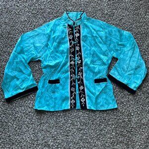 Blue & Black Embroidered Kimono Women Med Cinched Floral Kawaii Japanese Dainty